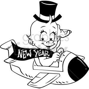 A clipart image of a child wearing a top hat, flying in an airplane with a banner that reads 'New Year'.