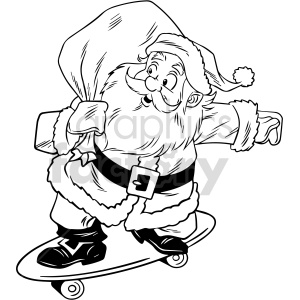 Clipart image of Santa Claus riding a skateboard while carrying a sack over his shoulder. Santa is depicted in his traditional outfit with a hat, belt, and boots.