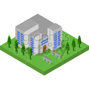 Isometric Modern Building with Green Lawn