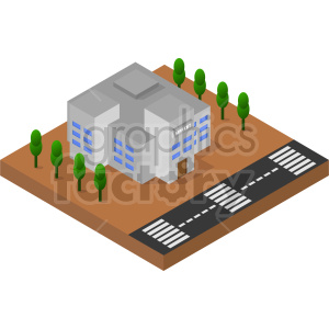 Isometric clipart of a market building with trees and a road with pedestrian crossing.