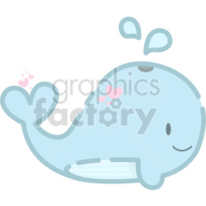 A cute blue cartoon whale with a smiling face. The whale has water splashes above its head and small pink hearts near its tail and body.