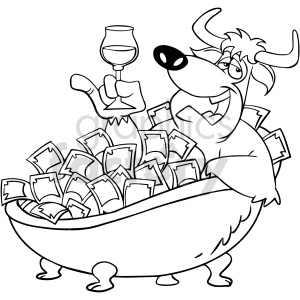 The clipart image features a cartoon bull sitting in a bathtub filled with money. The bull is holding a wine glass in one hand and has a jovial expression on its face.