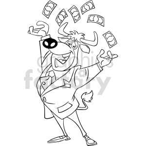 The clipart image features a cartoon-style, anthropomorphic bull character jubilantly tossing money into the air. The bull is wearing a suit, sunglasses, and has a big, cheerful smile on its face. The money appears to be in the form of bills floating around the character.