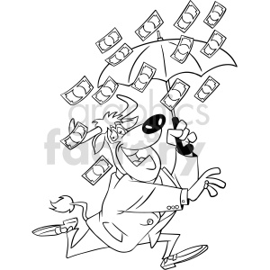 The image depicts a cartoonish bull character in a suit, holding an umbrella upside down, with money notes falling like rain into and around the umbrella. The bull seems to be happy and excited about catching the money.
