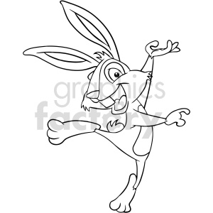 A fun and lively clipart image of a cartoon rabbit dancing with a joyful expression. The rabbit has large ears, wide eyes, and a big smile, and is depicted in a dynamic pose with one leg kicked up and both arms raised in the air.