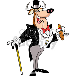 This image depicts a cartoon bull dressed in an affluent manner, symbolizing wealth or success. The bull wears a tuxedo with a top hat and bow tie, carries a cigar in one hand and a walking cane in the other, and has a content smile on his face.