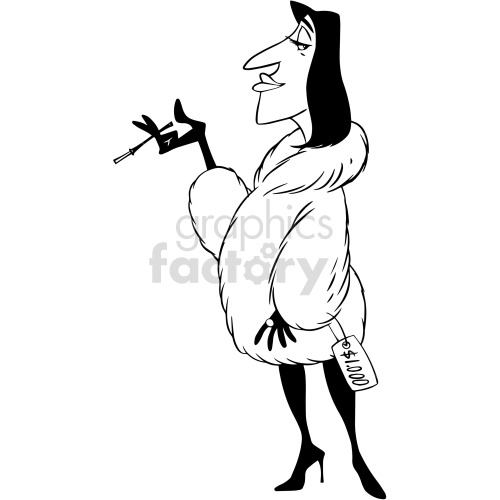 This clipart image depicts a caricature of a fashionable woman wearing a luxurious fur coat with a price tag displaying $4,000. She has an elongated facial profile and is holding a long cigarette holder in one hand, while her other hand is raised in a gesture. Her attire consists of high heels and stockings.