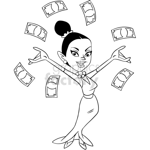   The clipart image depicts a cartoon of a wealthy young girl, with no color (in black and white). She is dressed in fancy clothing, wearing a necklace, earrings, and a tiara. She has a haughty expression on her face, holding a purse in one hand and a cell phone in the other. The background is blank, making the focus entirely on the girl
