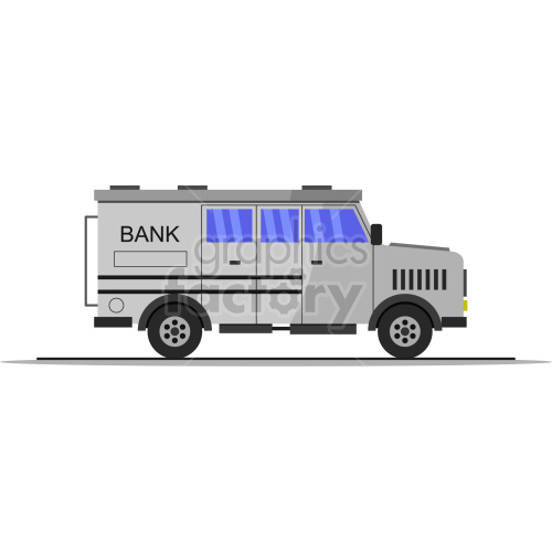 A clipart image of a bank armored truck, typically used for transporting money and valuable items. The truck is grey with black accents and has blue windows. The word 'BANK' is written on the side.