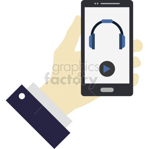 A clipart image depicting a hand holding a smartphone with a headphone and play button icon on the screen.