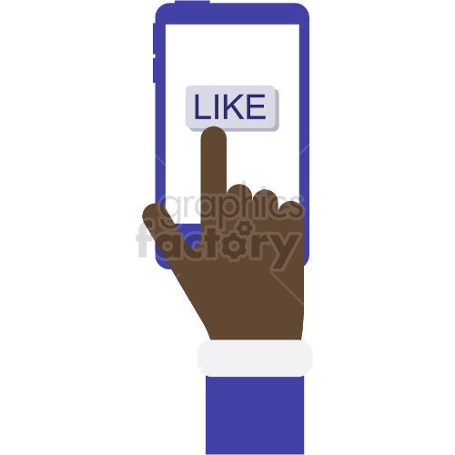 Clipart of a hand pressing a 'Like' button on a smartphone screen.