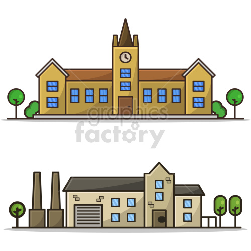 This clipart image shows two different buildings, one resembling a school or courthouse with a clock tower and another resembling a factory or industrial building with chimneys.