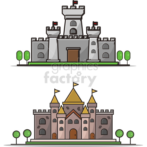 Clipart image featuring two castles. The top castle is a medieval gray fortress with towers and red flags. The bottom castle is a fairy-tale-like structure with golden roofs and flags.