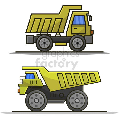 Clipart image of two yellow construction dump trucks with blue windows, showcasing different angles.