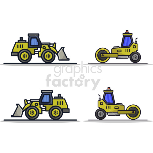 Clipart image featuring construction vehicles, including two illustrations of bulldozers and two illustrations of road rollers in a simple, cartoonish style.