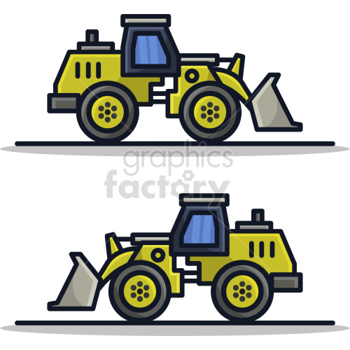 Clipart image featuring two yellow bulldozers with large wheels, blue windows, and front shovels in a vector style.