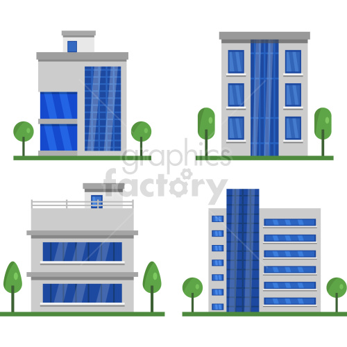 Clipart image featuring four different modern office buildings, each with unique architectural designs, blue windows, and surrounding greenery.