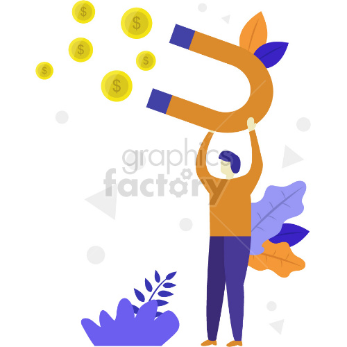 An illustration of a person holding a large horseshoe magnet attracting gold coins, symbolizing financial success or attracting wealth.