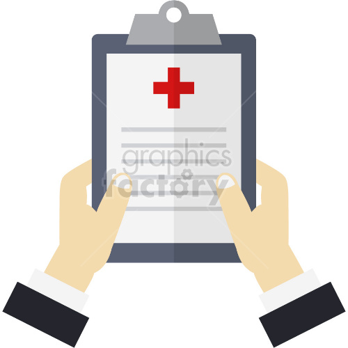 Flat design illustration of hands holding a medical clipboard with a red cross symbol on it.