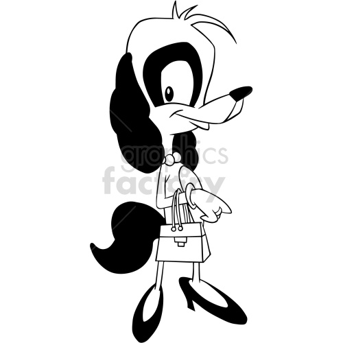 The image is a black and white clipart illustration of a stylized anthropomorphic female dog. The character has a prominent snout, large ears, a tuft of hair on the head, and a tail. She is wearing a simple dress and high heels, and carrying a purse, which suggests a feminine fashion style.