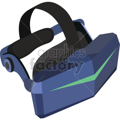 A clipart image of a blue virtual reality headset with black straps.