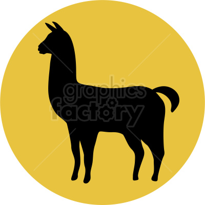 A black silhouette of a llama on a yellow circular background.