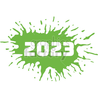 Clipart image of the year 2023 in white text on a green paint splatter background.