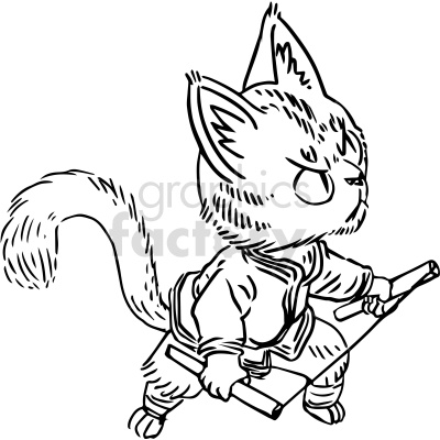Black and white clipart image of a cartoon cat dressed as a martial artist, holding a staff in a fighting stance.
