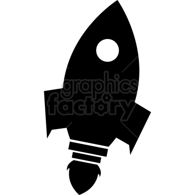A black silhouette clipart image of a rocket with a round window and a pointed top.