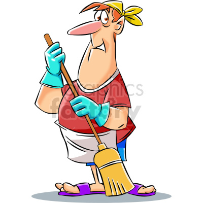 The clipart image shows a cartoon man who is a stay-at-home dad engaged in cleaning activities. He is holding a broomstick and seems to be sweeping the floor.