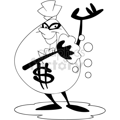 Clipart image of an anthropomorphic money bag with a dollar sign. The character is smiling mischievously, wearing gloves, and appears to be waving with one arm while holding coins with the other.