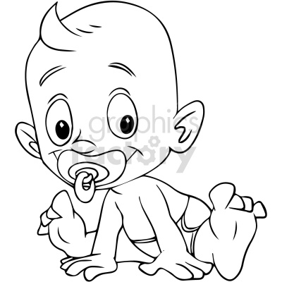 Black and white clipart image of a smiling baby with a pacifier, crawling on all fours. The baby has big eyes and appears happy and playful.