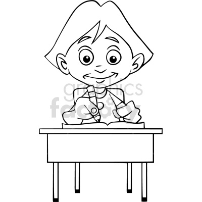 A black and white clipart image of a smiling child sitting at a desk, holding a pencil, and writing in a book.