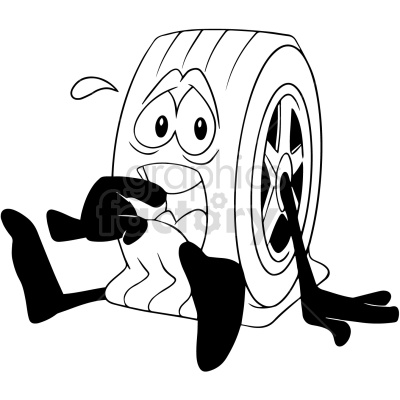 A black and white clipart image of a cartoon tire character with a worried expression, sitting on the ground with its legs and arms stretched out, and the bottom all squashed up, as if its flat