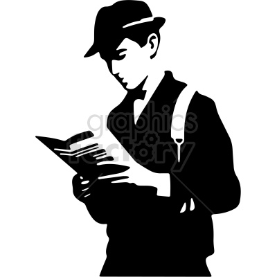 Clipart image of a person wearing a hat and suspenders, reading a newspaper or book.