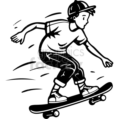 black and white boy on skateboard cartoon vector clip art