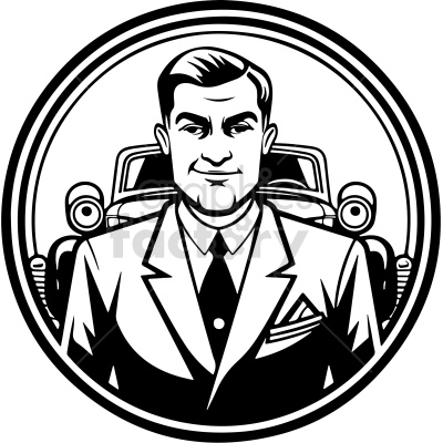 black and white vintage car salesman with car in background vector clip art
