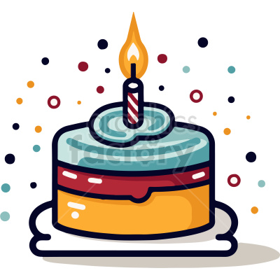 A colorful clipart image of a birthday cake with a single candle on top. The candle is lit, and there are confetti-like dots in the background, giving a festive feel.