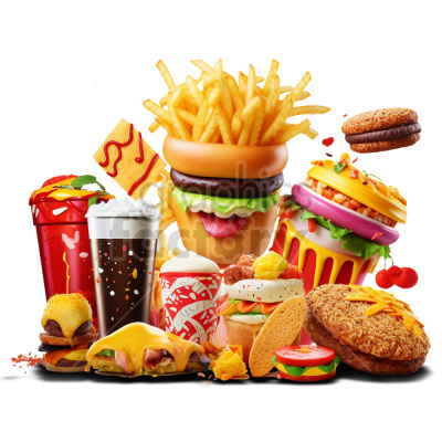 A vibrant clipart image showcasing a variety of fast food items including hamburgers, fries, sandwiches, soda, and desserts.