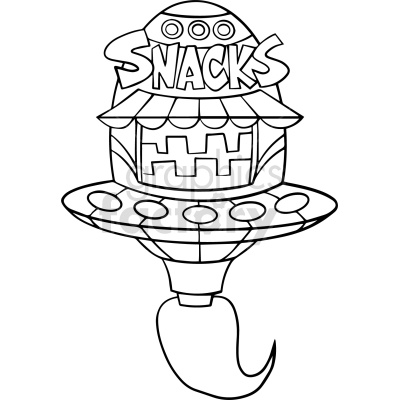 A black and white clipart image of a whimsical snack booth in the shape of a UFO spaceship with the word 'SNACKS' in bold letters on top.