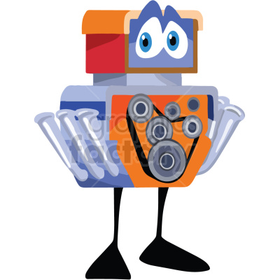 A colorful cartoon robot with a boxy head, large blue and white eyes, and mechanical details. The robot has orange, blue, and gray parts, with a body featuring circular gears and feet resembling shoes.