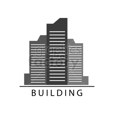 A clipart image of a modern skyscraper building in grayscale with the word 'BUILDING' written below it.