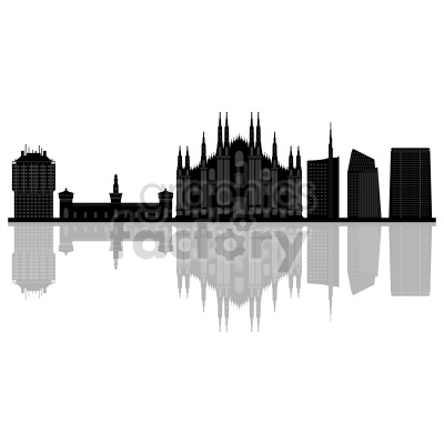 A black and white clipart image showing the skyline of Milan, including iconic buildings like the Milan Cathedral (Duomo di Milano) and modern skyscrapers, with reflections beneath.