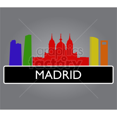 Clipart image of Madrid skyline showcasing iconic landmarks in colorful silhouettes against a dark background.