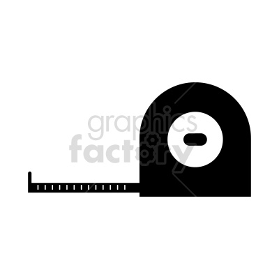 Clipart image of a tape measure in black and white. The tape measure is extended and is depicted in a minimalist design.