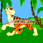 The image shows an animated cartoon of a tiger in the jungle. The tiger is large and orange-brown with black stripes and a white underbelly. 
