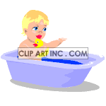 An animated baby splashing in a baby tub with a yellow rubber duckie