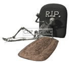 animated 3D skeleton saying goodbye RIP next to a grave and tombstone