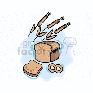 The clipart image features stalks of wheat and various baked goods. It appears to show a loaf of bread, with one slice cut off, and two small bread rings, possibly bagels. 