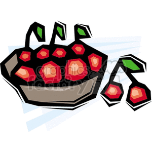 The image shows a stylized illustration of red cherries with green stems in a brown bowl. There are also some cherries depicted outside of the bowl. The cherries and bowl appear in a cartoonish or clipart style, with bold outlines and simplified coloring.
